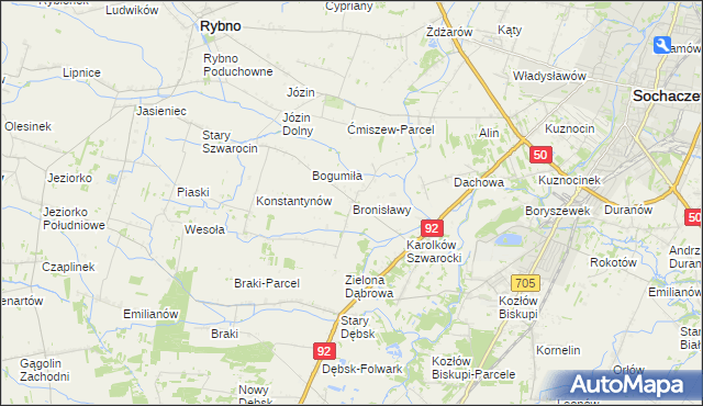 mapa Bronisławy gmina Rybno, Bronisławy gmina Rybno na mapie Targeo