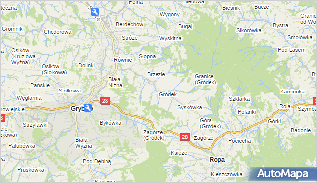 mapa Gródek gmina Grybów, Gródek gmina Grybów na mapie Targeo