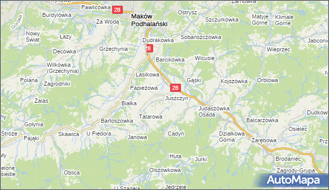 mapa Juszczyn gmina Maków Podhalański, Juszczyn gmina Maków Podhalański na mapie Targeo