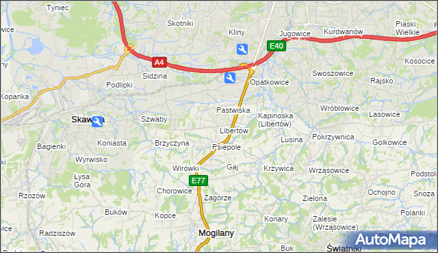 mapa Libertów gmina Mogilany, Libertów gmina Mogilany na mapie Targeo