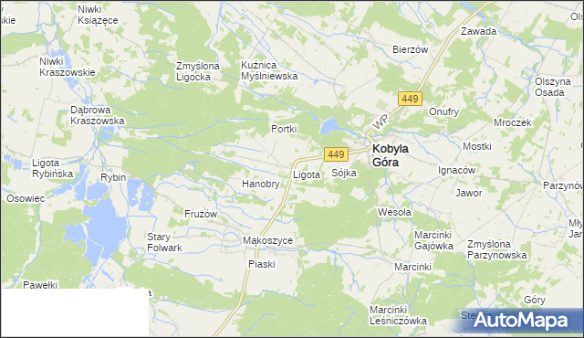 mapa Ligota gmina Kobyla Góra, Ligota gmina Kobyla Góra na mapie Targeo