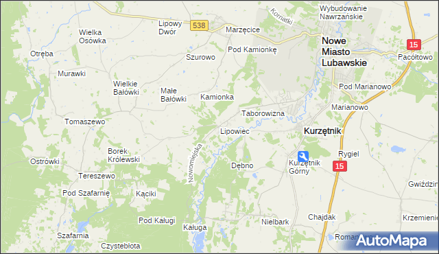 mapa Lipowiec gmina Kurzętnik, Lipowiec gmina Kurzętnik na mapie Targeo