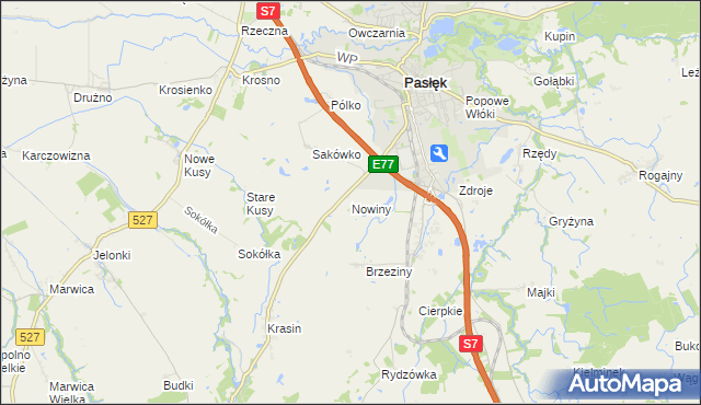 mapa Nowiny gmina Pasłęk, Nowiny gmina Pasłęk na mapie Targeo