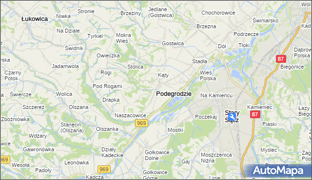 mapa Podegrodzie powiat nowosądecki, Podegrodzie powiat nowosądecki na mapie Targeo