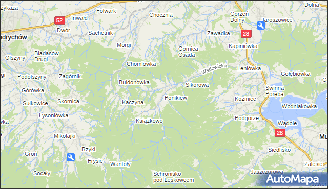 mapa Ponikiew gmina Wadowice, Ponikiew gmina Wadowice na mapie Targeo