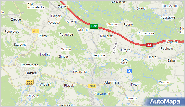 mapa Regulice gmina Alwernia, Regulice gmina Alwernia na mapie Targeo