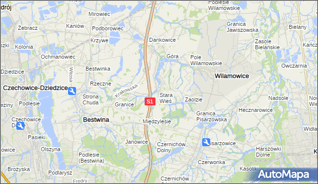mapa Stara Wieś gmina Wilamowice, Stara Wieś gmina Wilamowice na mapie Targeo