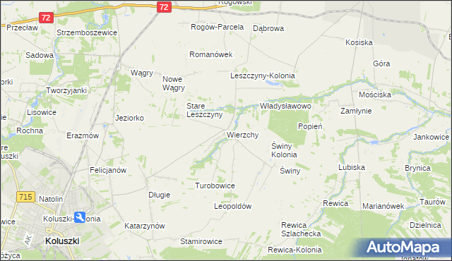 mapa Wierzchy gmina Koluszki, Wierzchy gmina Koluszki na mapie Targeo