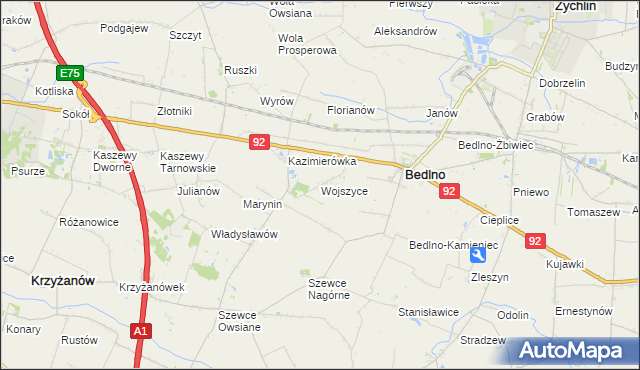 mapa Wojszyce gmina Bedlno, Wojszyce gmina Bedlno na mapie Targeo