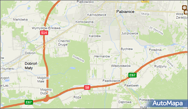 mapa Hermanów gmina Pabianice, Hermanów gmina Pabianice na mapie Targeo