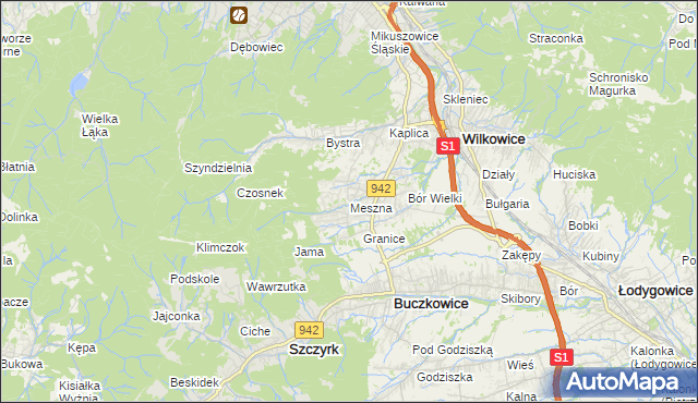 mapa Meszna gmina Wilkowice, Meszna gmina Wilkowice na mapie Targeo