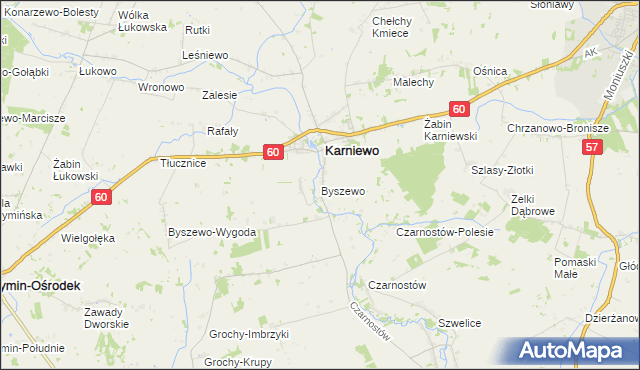 mapa Byszewo gmina Karniewo, Byszewo gmina Karniewo na mapie Targeo