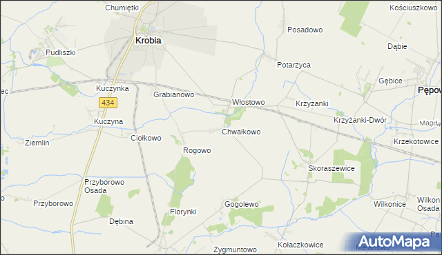 mapa Chwałkowo gmina Krobia, Chwałkowo gmina Krobia na mapie Targeo