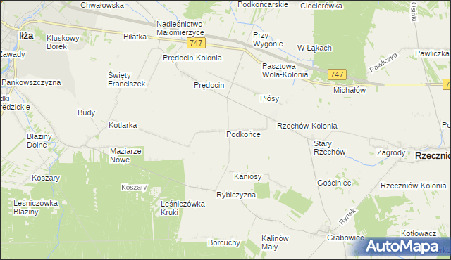 mapa Podkońce gmina Rzeczniów, Podkońce gmina Rzeczniów na mapie Targeo