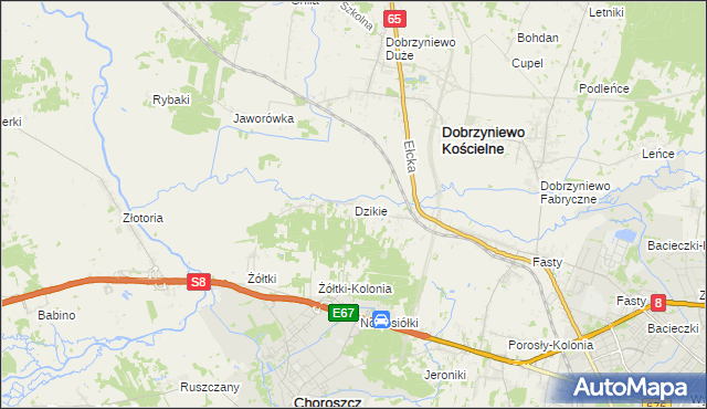 mapa Dzikie gmina Choroszcz, Dzikie gmina Choroszcz na mapie Targeo