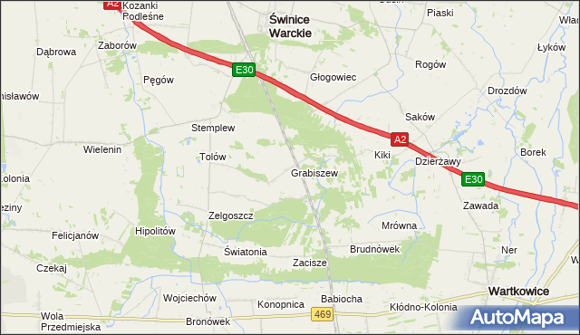 mapa Grabiszew gmina Wartkowice, Grabiszew gmina Wartkowice na mapie Targeo