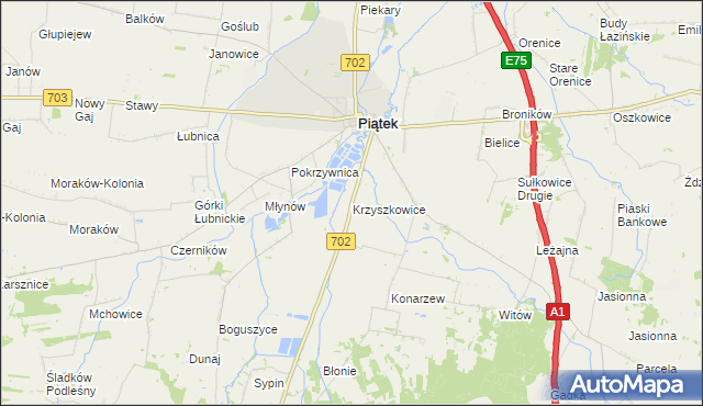 mapa Krzyszkowice gmina Piątek, Krzyszkowice gmina Piątek na mapie Targeo