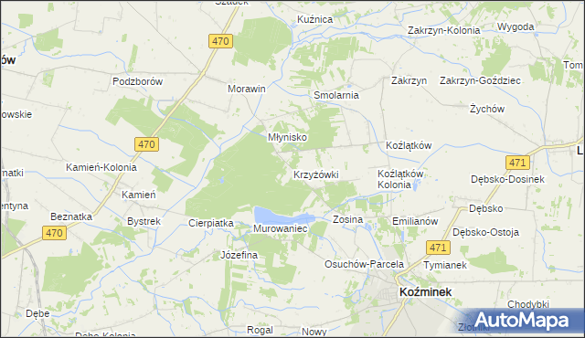 mapa Krzyżówki gmina Koźminek, Krzyżówki gmina Koźminek na mapie Targeo