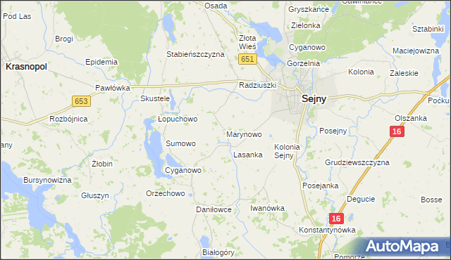 mapa Marynowo gmina Sejny, Marynowo gmina Sejny na mapie Targeo