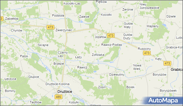 mapa Zofiówka gmina Drużbice, Zofiówka gmina Drużbice na mapie Targeo