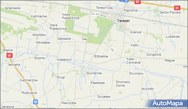 mapa Elżbietów gmina Teresin, Elżbietów gmina Teresin na mapie Targeo