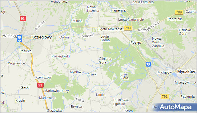 mapa Gliniana Góra gmina Koziegłowy, Gliniana Góra gmina Koziegłowy na mapie Targeo