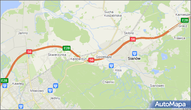 mapa Gorzebądz gmina Sianów, Gorzebądz gmina Sianów na mapie Targeo