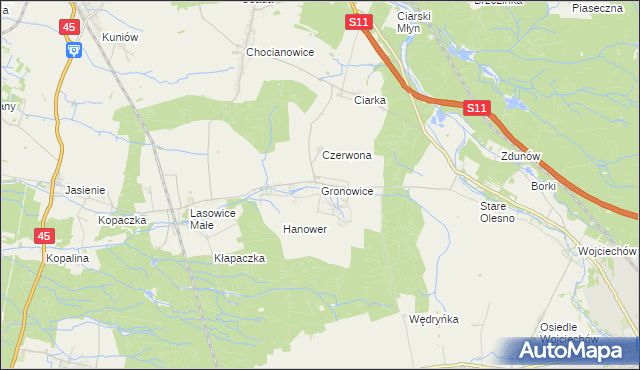 mapa Gronowice gmina Lasowice Wielkie, Gronowice gmina Lasowice Wielkie na mapie Targeo