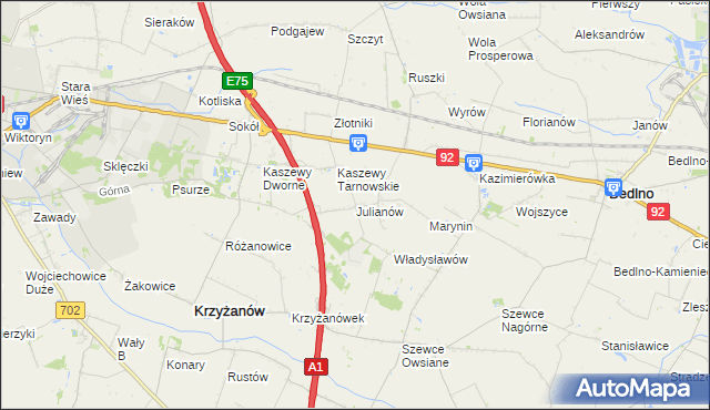 mapa Julianów gmina Krzyżanów, Julianów gmina Krzyżanów na mapie Targeo