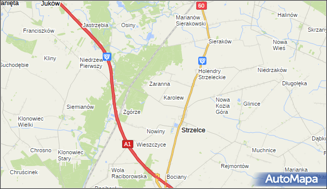 mapa Karolew gmina Strzelce, Karolew gmina Strzelce na mapie Targeo