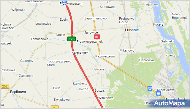 mapa Kaźmierzewo gmina Lubanie, Kaźmierzewo gmina Lubanie na mapie Targeo