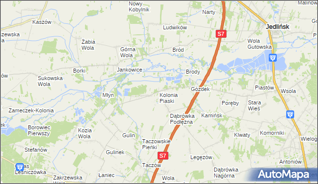 mapa Kolonia Piaski gmina Zakrzew, Kolonia Piaski gmina Zakrzew na mapie Targeo