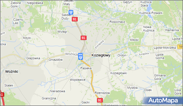 mapa Koziegłowy powiat myszkowski, Koziegłowy powiat myszkowski na mapie Targeo