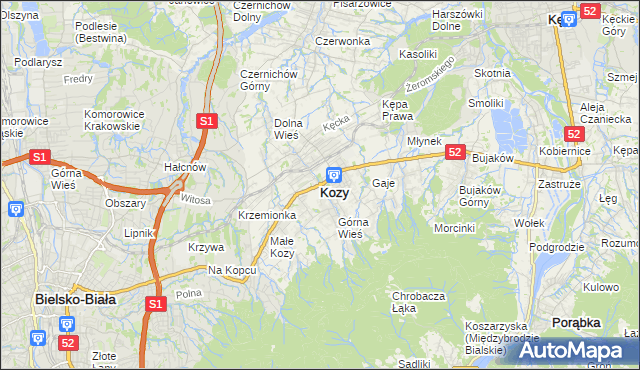 mapa Kozy powiat bielski, Kozy powiat bielski na mapie Targeo