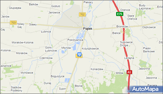 mapa Krzyszkowice gmina Piątek, Krzyszkowice gmina Piątek na mapie Targeo