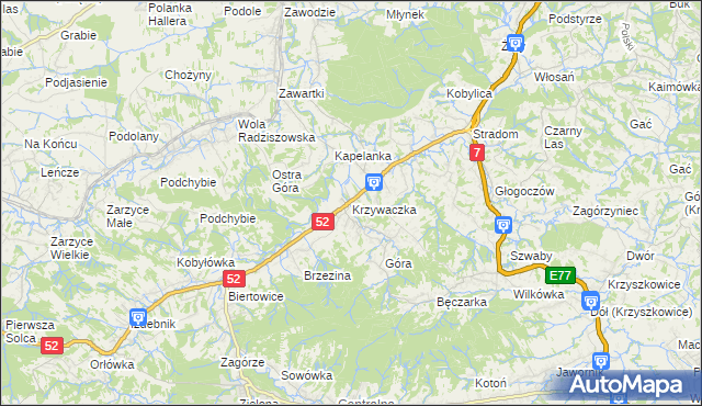 mapa Krzywaczka, Krzywaczka na mapie Targeo