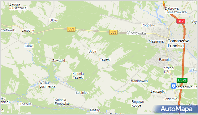 mapa Pasieki gmina Tomaszów Lubelski, Pasieki gmina Tomaszów Lubelski na mapie Targeo