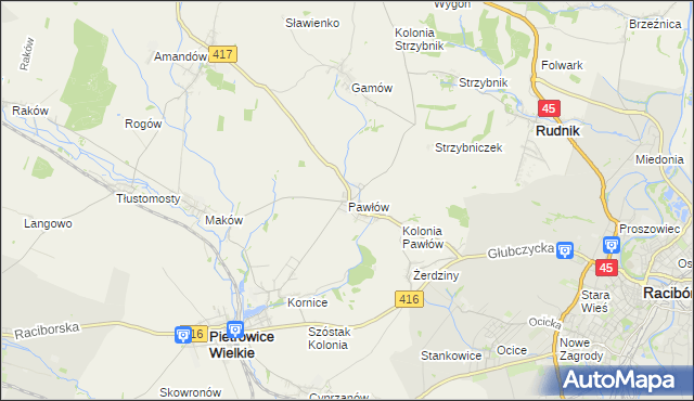 mapa Pawłów gmina Pietrowice Wielkie, Pawłów gmina Pietrowice Wielkie na mapie Targeo