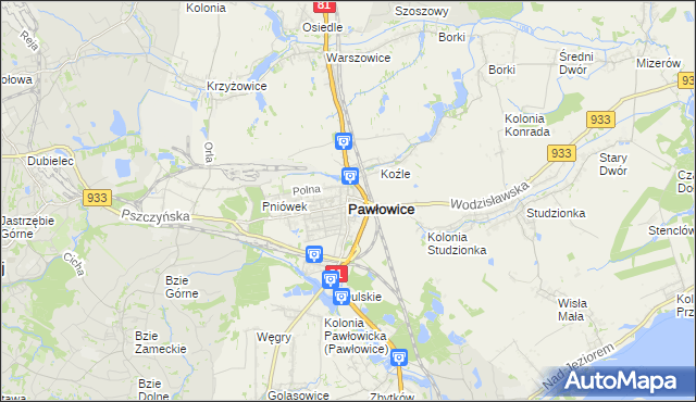 mapa Pawłowice powiat pszczyński, Pawłowice powiat pszczyński na mapie Targeo