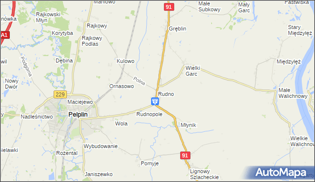 mapa Rudno gmina Pelplin, Rudno gmina Pelplin na mapie Targeo