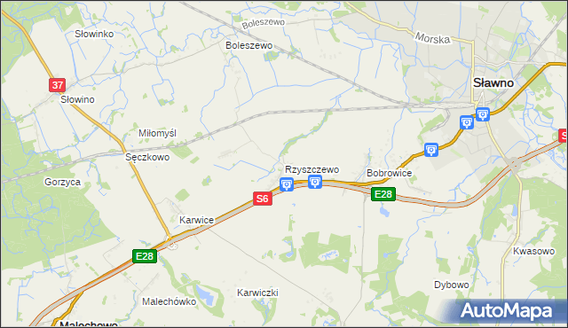 mapa Rzyszczewo gmina Sławno, Rzyszczewo gmina Sławno na mapie Targeo