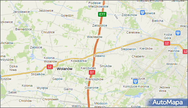 mapa Sławno gmina Wolanów, Sławno gmina Wolanów na mapie Targeo