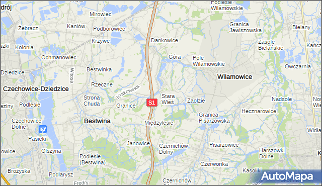 mapa Stara Wieś gmina Wilamowice, Stara Wieś gmina Wilamowice na mapie Targeo