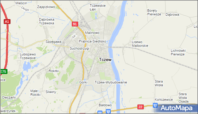 mapa Tczew, Tczew na mapie Targeo