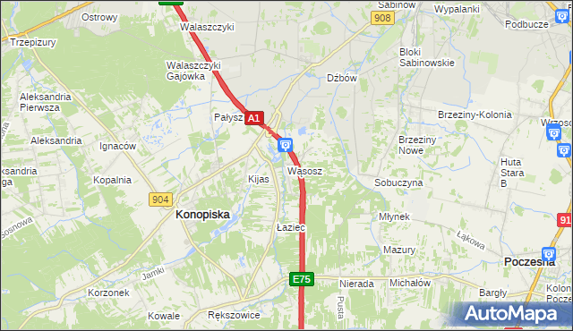mapa Wąsosz gmina Konopiska, Wąsosz gmina Konopiska na mapie Targeo