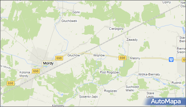 mapa Wojnów gmina Mordy, Wojnów gmina Mordy na mapie Targeo