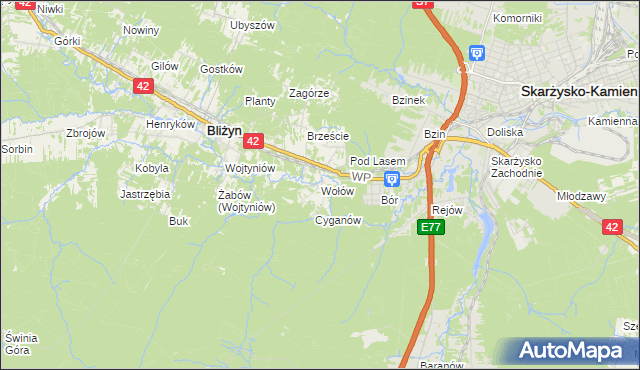 mapa Wołów gmina Bliżyn, Wołów gmina Bliżyn na mapie Targeo