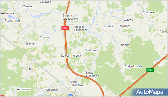 mapa Zakrzewek gmina Ostrów Mazowiecka, Zakrzewek gmina Ostrów Mazowiecka na mapie Targeo