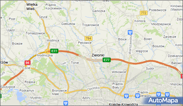 mapa Zielonki powiat krakowski, Zielonki powiat krakowski na mapie Targeo