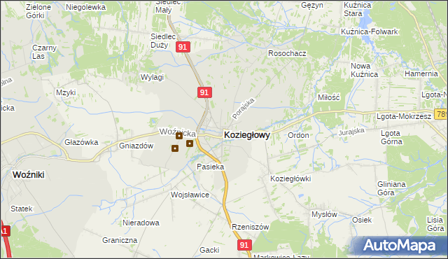 mapa Koziegłowy powiat myszkowski, Koziegłowy powiat myszkowski na mapie Targeo